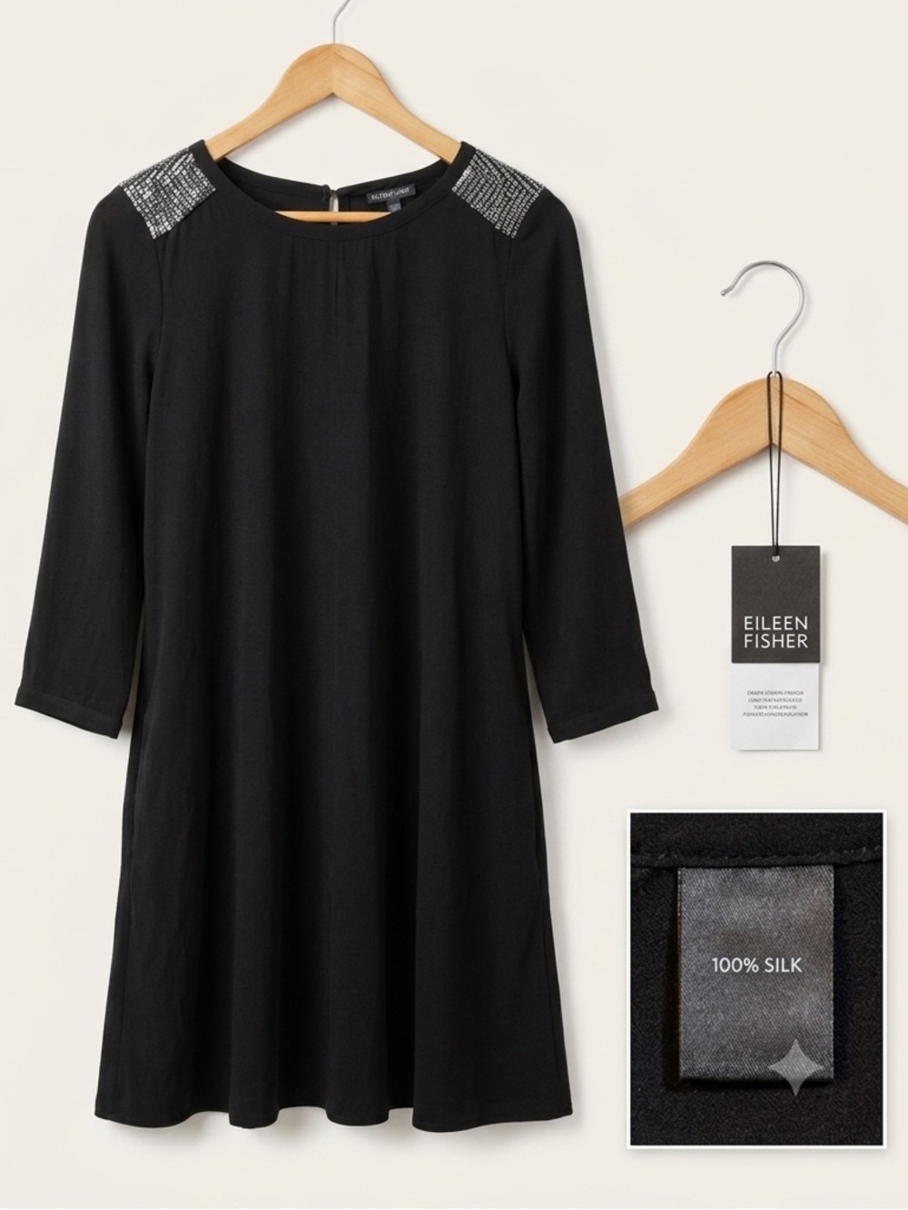 Eileen Fisher 100% SILK  Long-Sleeve Dress with Pockets & Beaded Shoulders